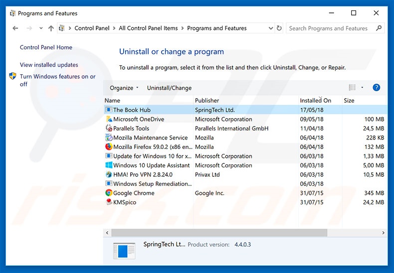 search.hthebookhub.co browser hijacker uninstall via Control Panel