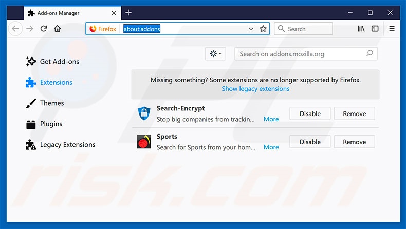 Removing search.hwatchallsports.co related Mozilla Firefox extensions