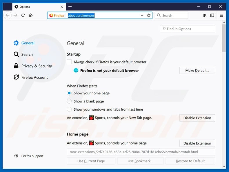 Removing search.hwatchallsports.co from Mozilla Firefox homepage