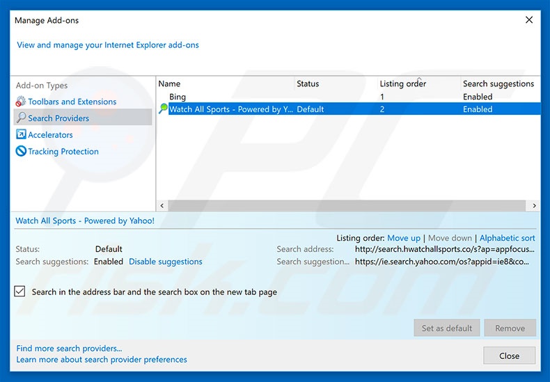 Removing search.hwatchallsports.co from Internet Explorer default search engine