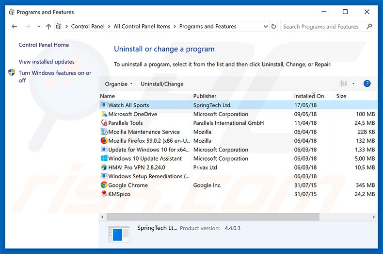 search.hwatchallsports.co browser hijacker uninstall via Control Panel