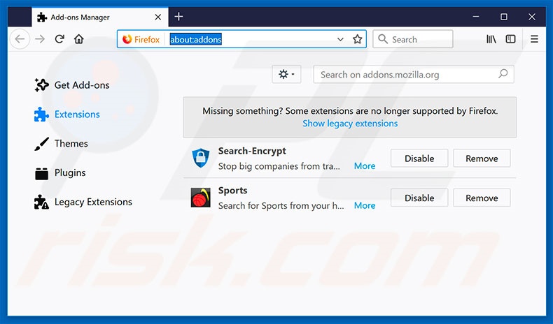 Removing search.hwatchsportslive.co related Mozilla Firefox extensions