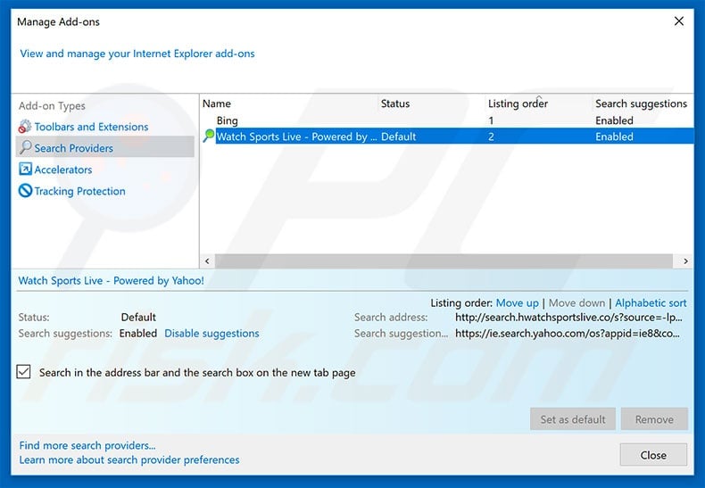 Removing search.hwatchsportslive.co from Internet Explorer default search engine