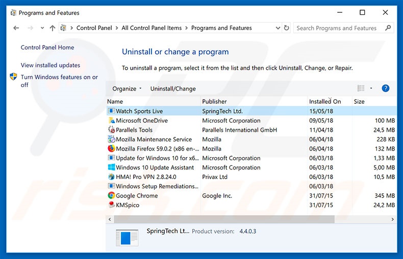search.hwatchsportslive.co browser hijacker uninstall via Control Panel