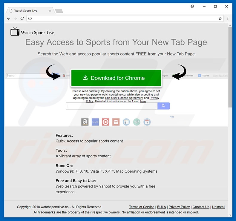 Website used to promote Watch Sports Live browser hijacker