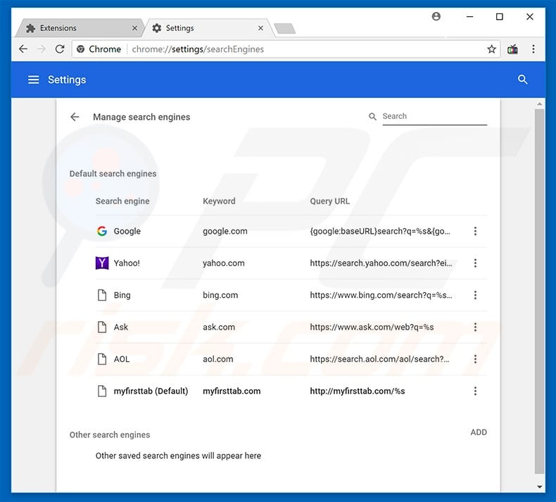 Removing myfirsttab.com from Google Chrome default search engine