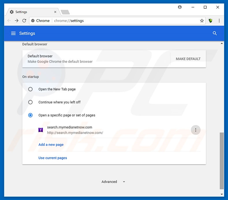 Removing search.mymedianetnow.com from Google Chrome homepage