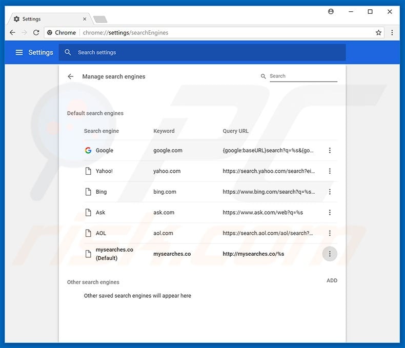 Removing mysearches.co from Google Chrome default search engine