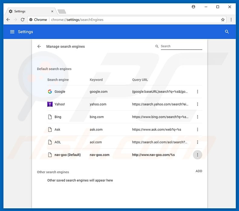 Removing nav-goo.com from Google Chrome default search engine