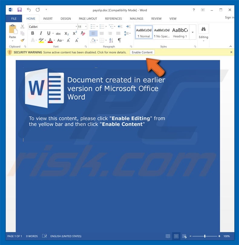 Malicious attachment distributed through Payslip spam campaign