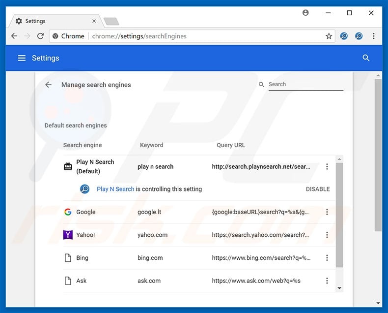 Removing search.playnsearch.net from Google Chrome default search engine