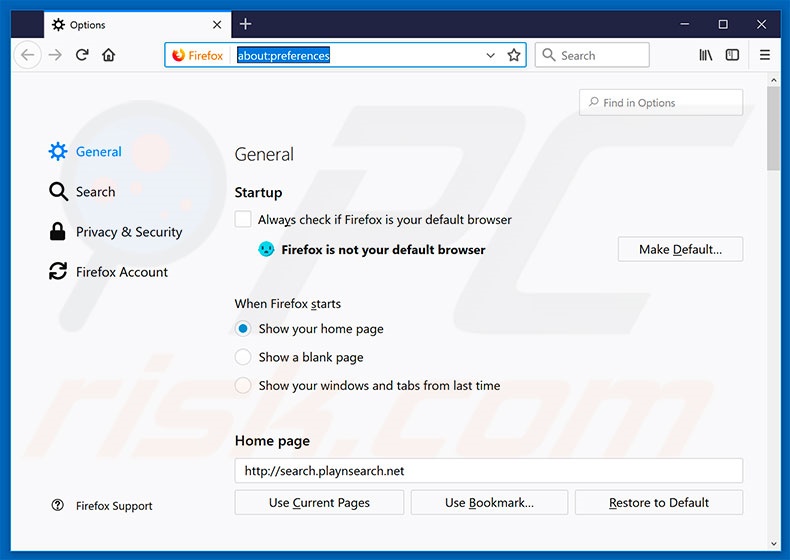 Removing search.playnsearch.net from Mozilla Firefox homepage
