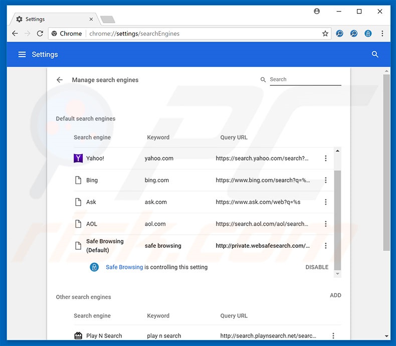 Removing private.websafesearch.com from Google Chrome default search engine