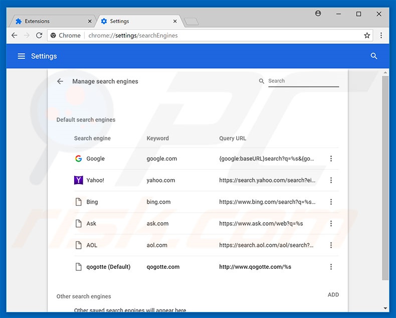 Removing qogotte.com from Google Chrome default search engine