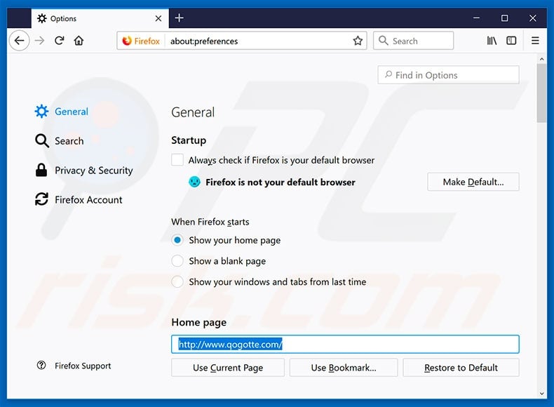 Removing qogotte.com from Mozilla Firefox homepage