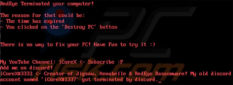 Screenshot of message after computers Master boot record is modified