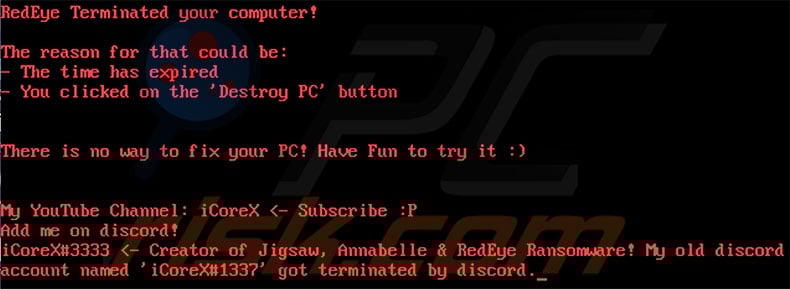 Screenshot of message after computers Master boot record is modified