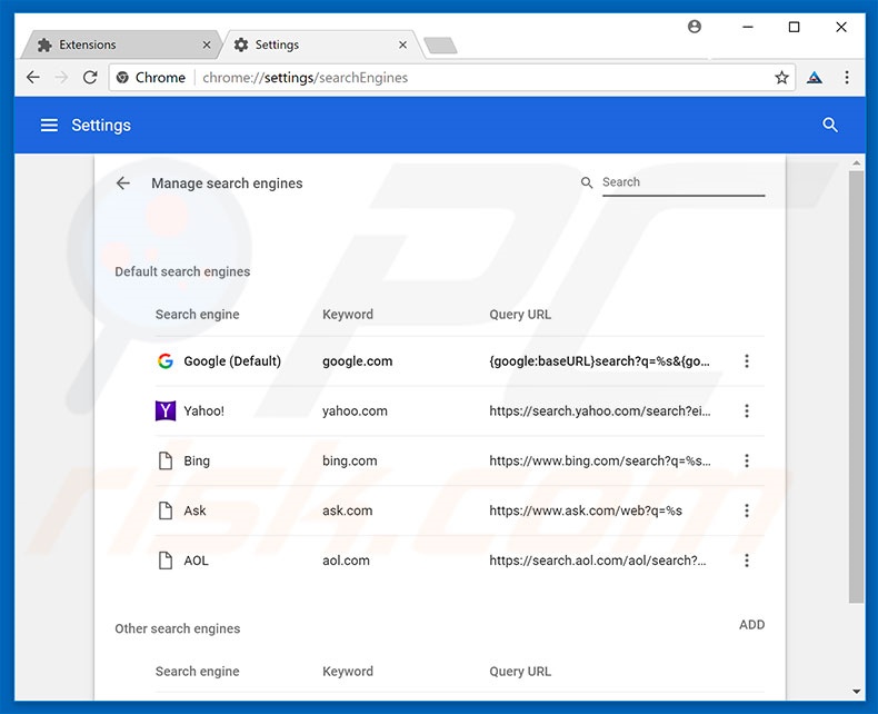 Removing unwanted URL from Google Chrome default search engine