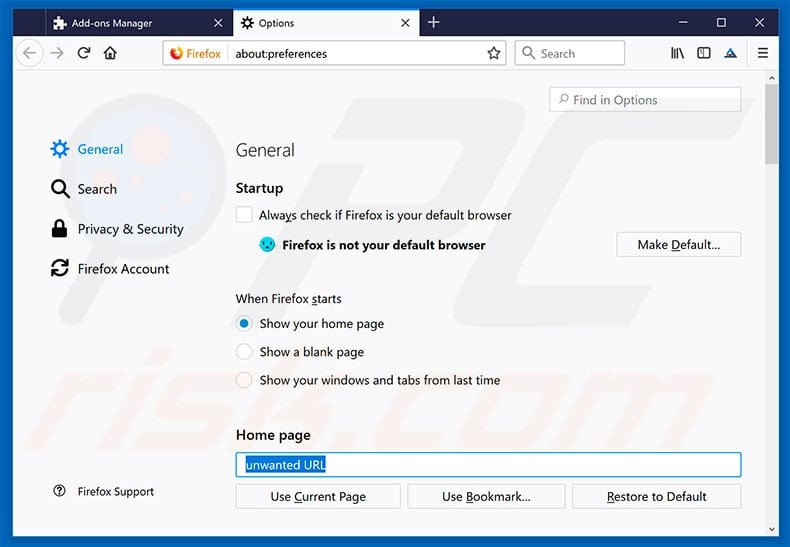 Removing unwanted URL from Mozilla Firefox homepage