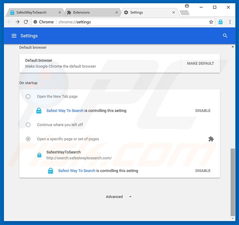 Removing search.safestwaytosearch.com from Google Chrome homepage