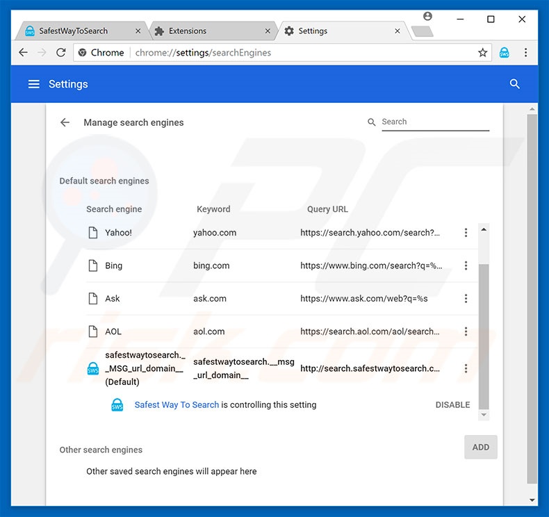 Removing search.safestwaytosearch.com from Google Chrome default search engine