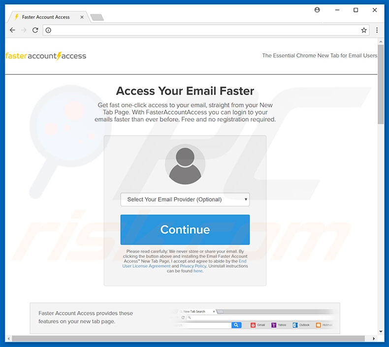 Website used to promote Faster Account Access browser hijacker