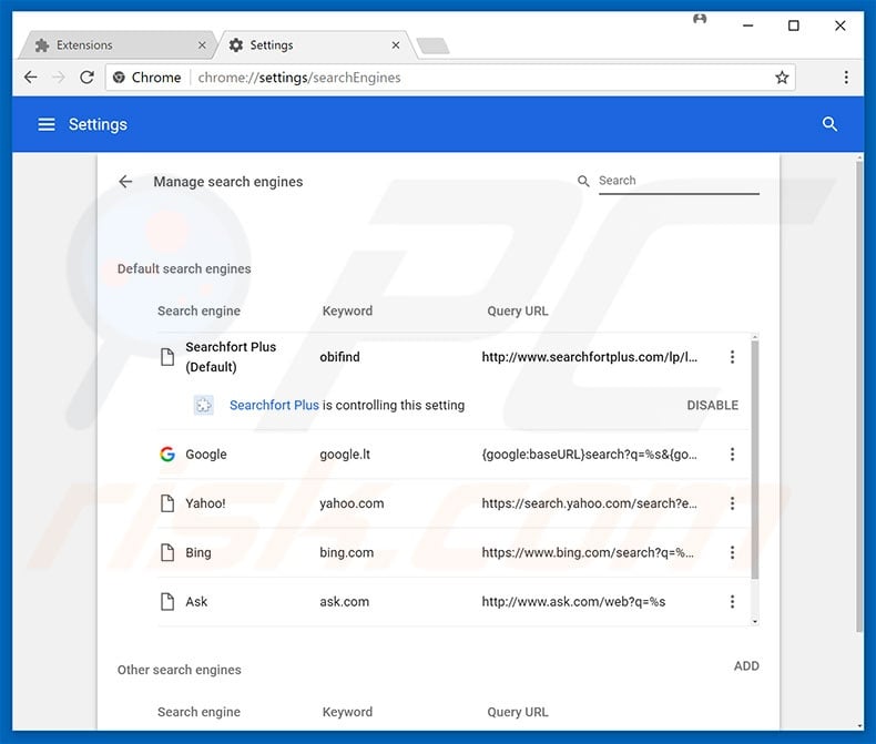 Removing searchfortplus.com from Google Chrome default search engine