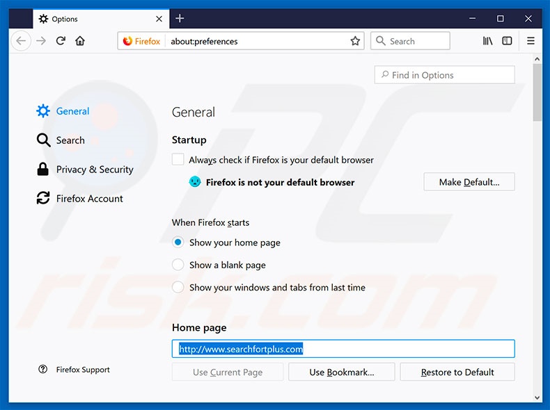 Removing searchfortplus.com from Mozilla Firefox homepage