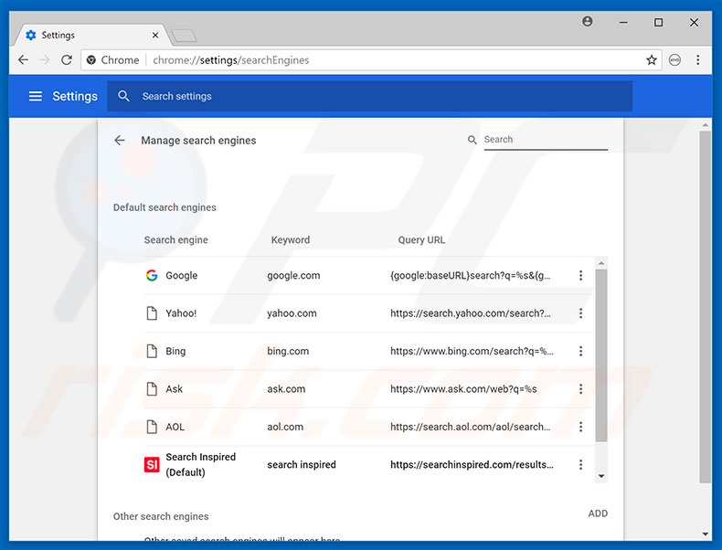 Removing searchinspired.com from Google Chrome default search engine