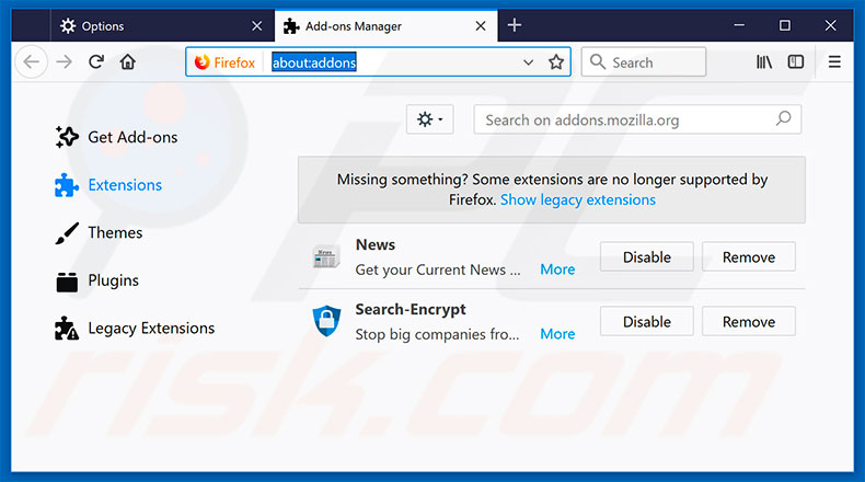 Removing search.searchjsmmbn.com related Mozilla Firefox extensions