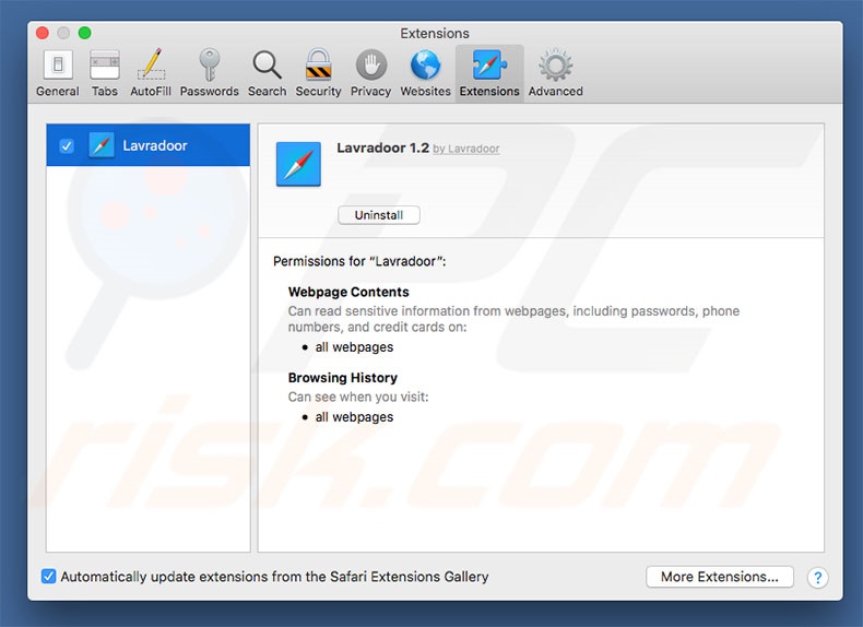 Lavradoor browser hijacker in Safari web browser