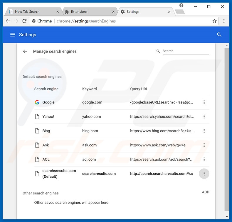 Removing search.searchsresults.com from Google Chrome default search engine