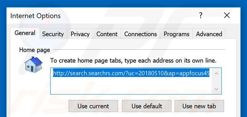 Removing search.searchrs.com from Internet Explorer homepage