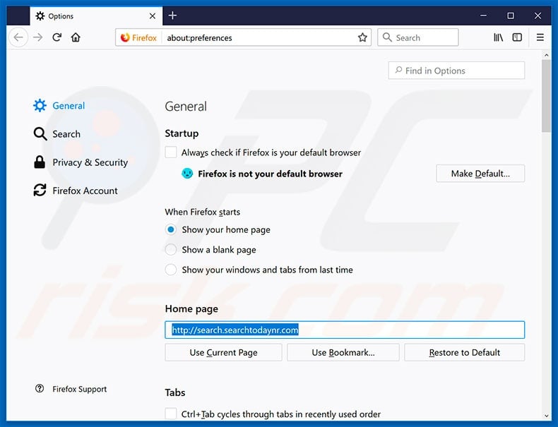 Removing search.searchtodaynr.com from Mozilla Firefox homepage