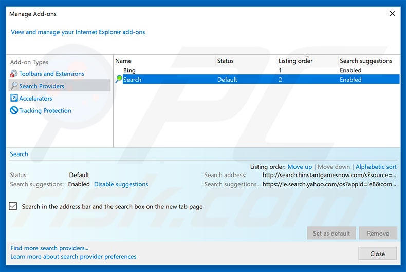 Removing search.searchtodaynr.com from Internet Explorer default search engine
