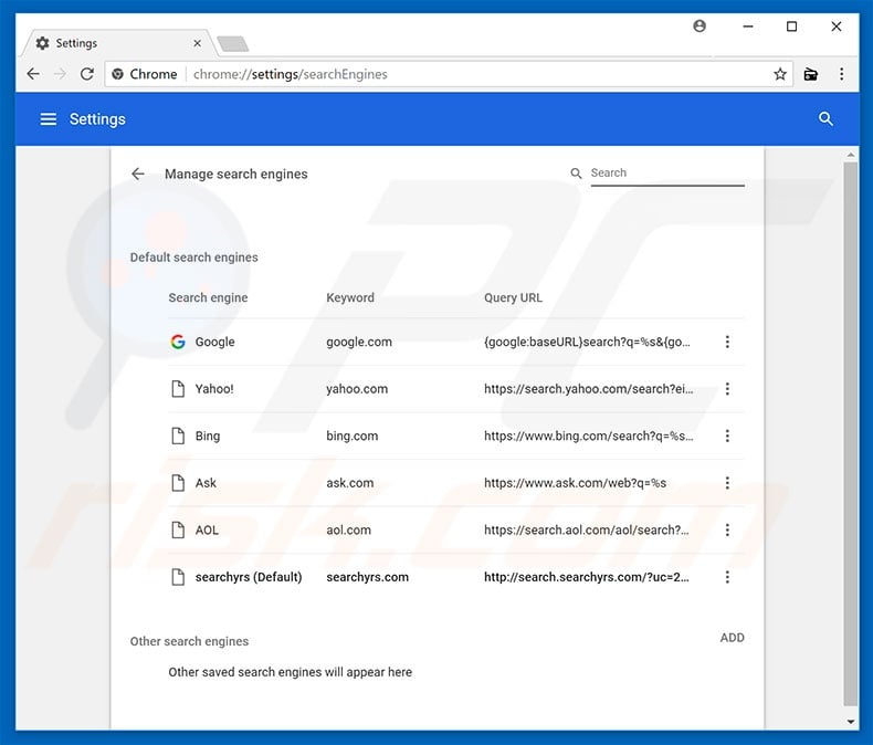 Removing search.searchyrs.com from Google Chrome default search engine