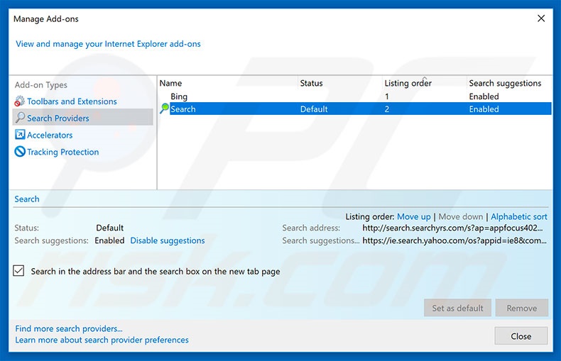 Removing search.searchyrs.com from Internet Explorer default search engine