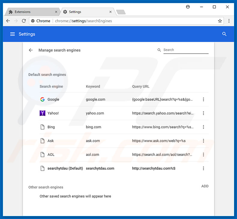 Removing searchytdau.com from Google Chrome default search engine