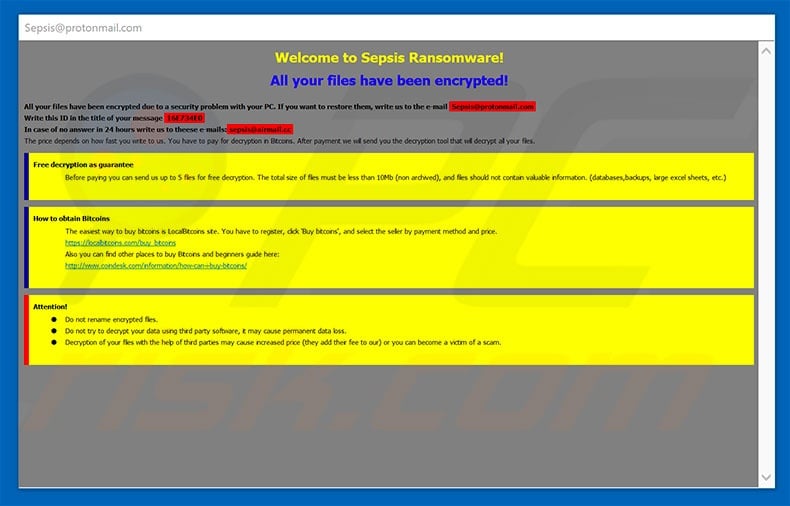 Sepsis ransomware ransom-demanding message (pop-up)