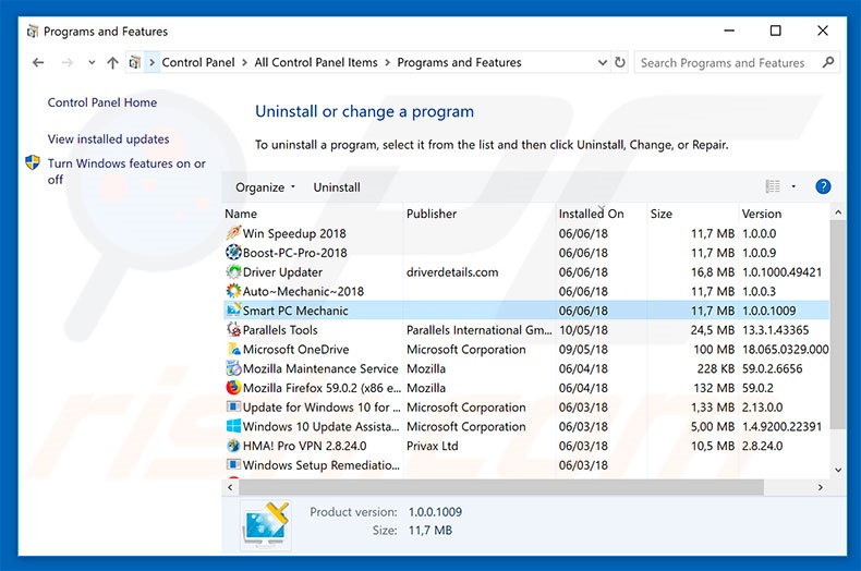 Smart PC Mechanic adware uninstall via Control Panel