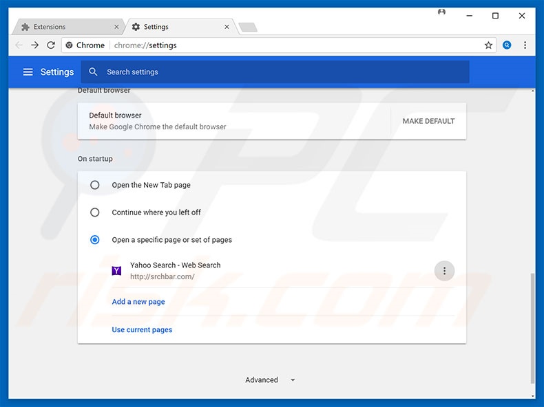 Removing srcbar.com from Google Chrome homepage