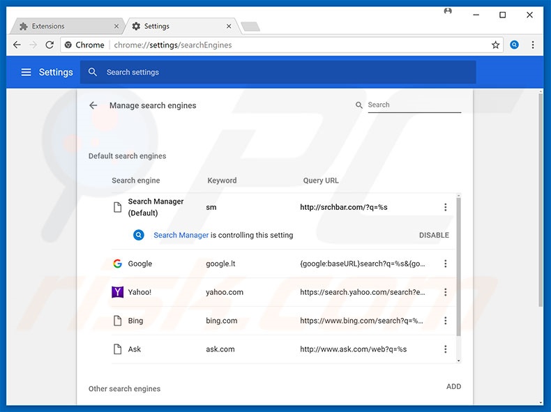 Removing srcbar.com from Google Chrome default search engine