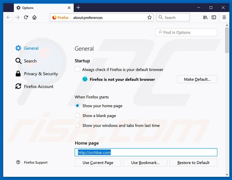 Removing srcbar.com from Mozilla Firefox homepage