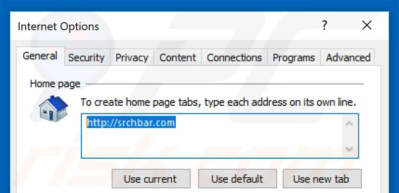 Removing srcbar.com from Internet Explorer homepage