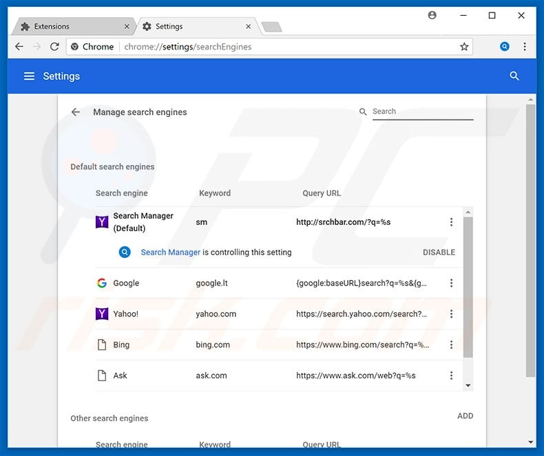 Removing srchbar.com from Google Chrome default search engine