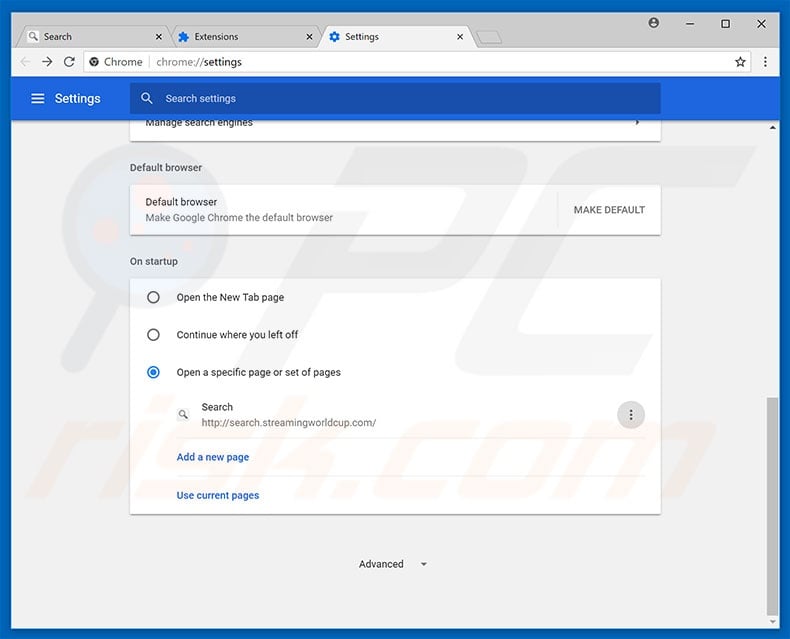 Removing search.streamingworldcup.com from Google Chrome homepage