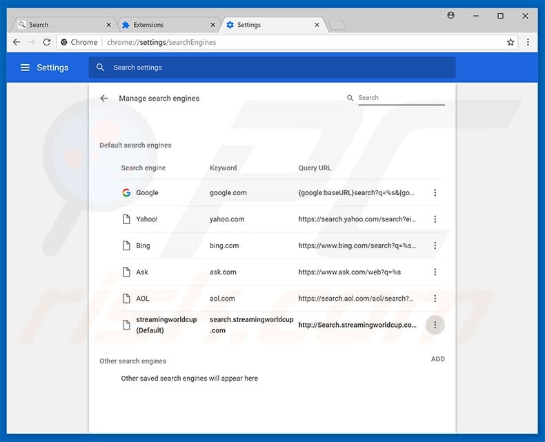 Removing search.streamingworldcup.com from Google Chrome default search engine