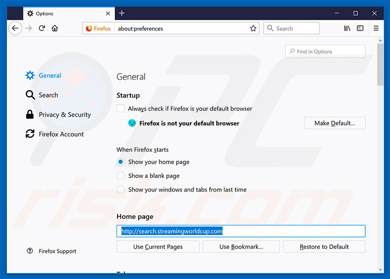 Removing search.streamingworldcup.com from Mozilla Firefox homepage