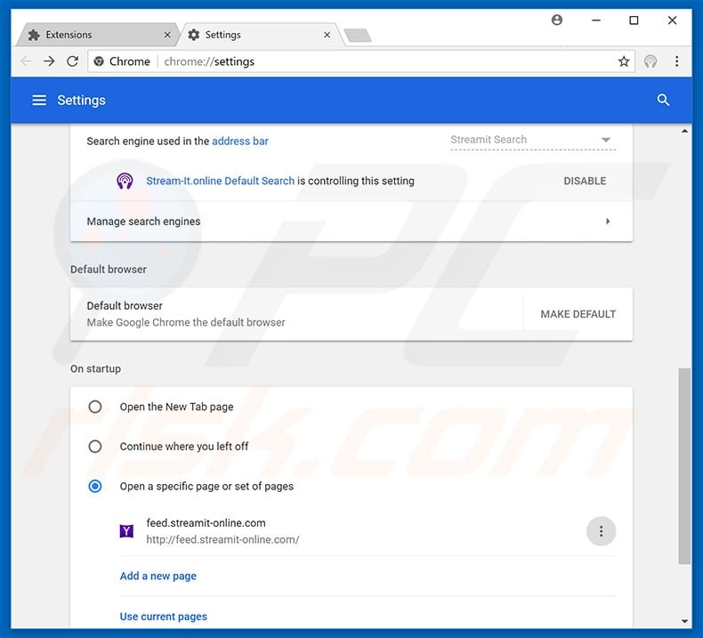 Removing feed.streamit-online.com from Google Chrome homepage