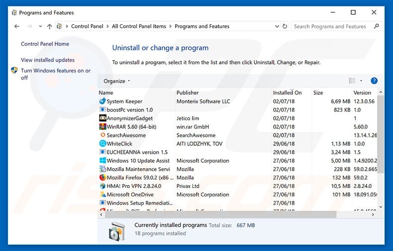 SuperSearch adware uninstall via Control Panel